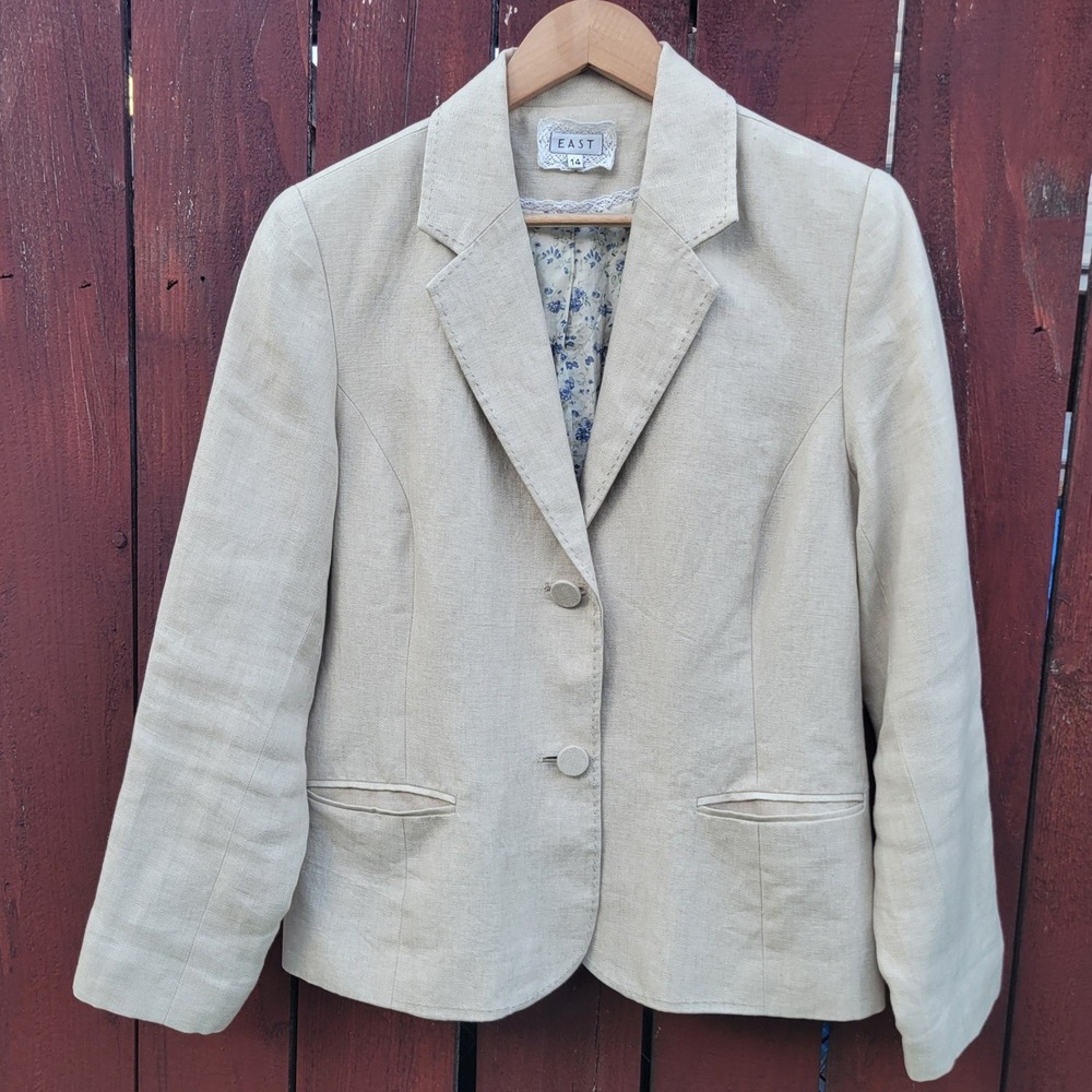 East Linen Blazer Beige Floral Lining Jacket Size 14 Oatmeal Capsule Wardrobe